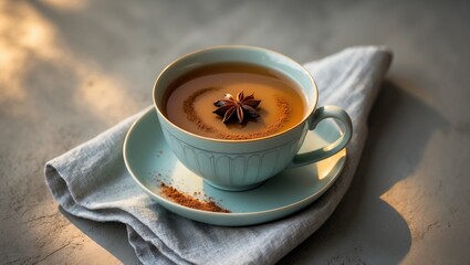 Blue cup filled with traditional Indian masala tea or coffee, garnished with cinnamon and spices