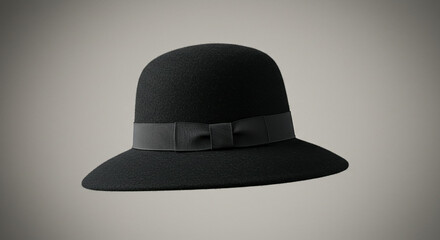 Elegant black wide-brimmed hat with ribbon bow on gray background