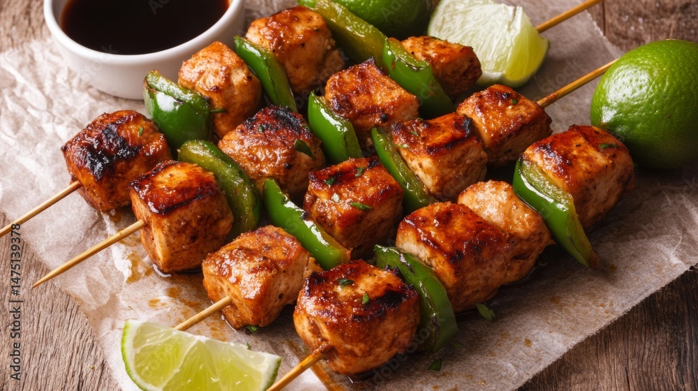Poster a close-up of a grilled yakitori skewer with tender chicken pieces and green peppers, beautifully pr