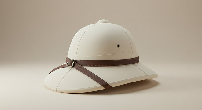 Classic pith helmet with leather strap on beige background