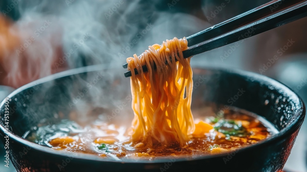 Poster a close-up of a pair of chopsticks lifting a bundle of soba noodles from a bowl, showcasing their te