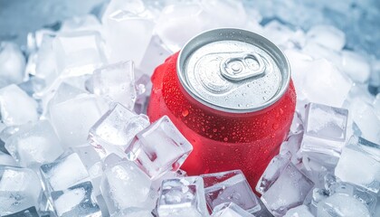 Refreshing drink in can on ice cubes