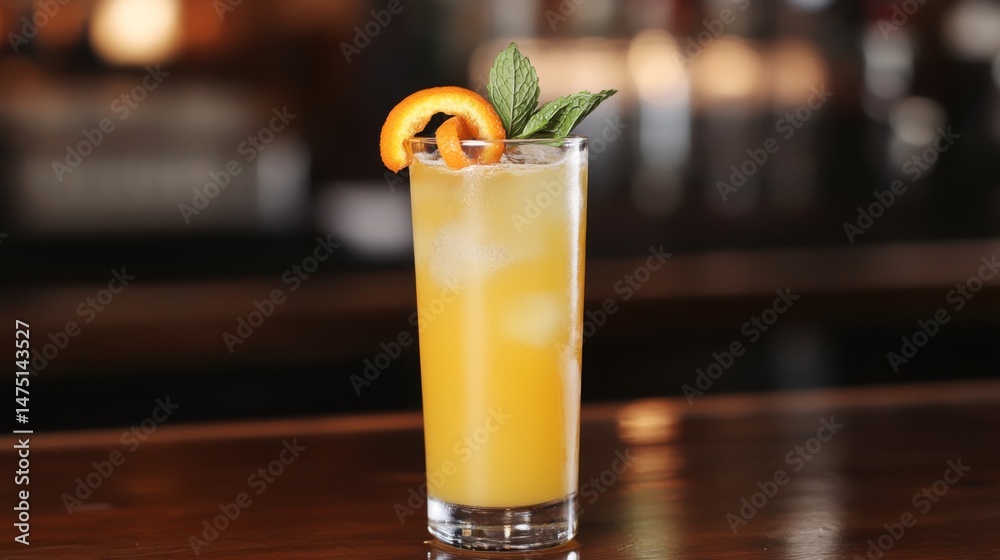 Poster a close-up of freshly squeezed orange juice served in a tall glass, garnished with a sprig of mint a