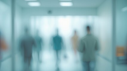Modern healthcare interior with blurred figures and abstract blue pattern