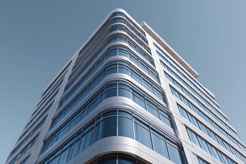 Fototapeta premium Sleek Modern Office Building Under Bright Blue Sky 