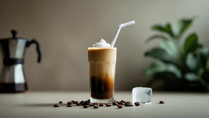 Frozen iced coffee with milk served with a paper straw in a glass