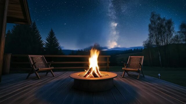 Cozy outdoor fire pit on a wooden deck with two chairs under a starry night sky