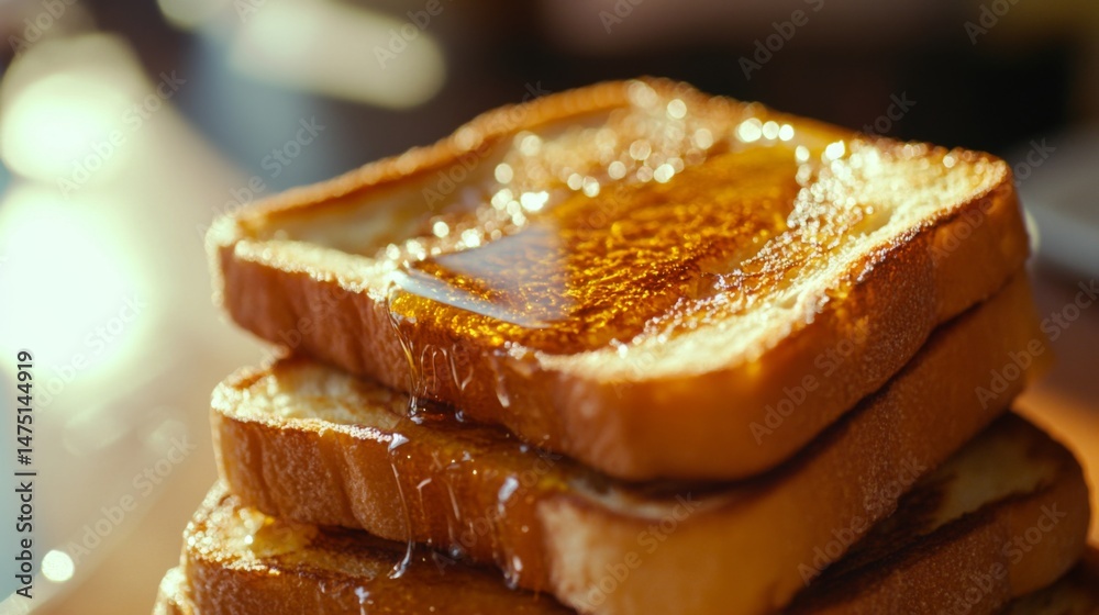 Poster a close-up of honey toast stacked high, with layers of butter and syrup, showcasing the golden textu