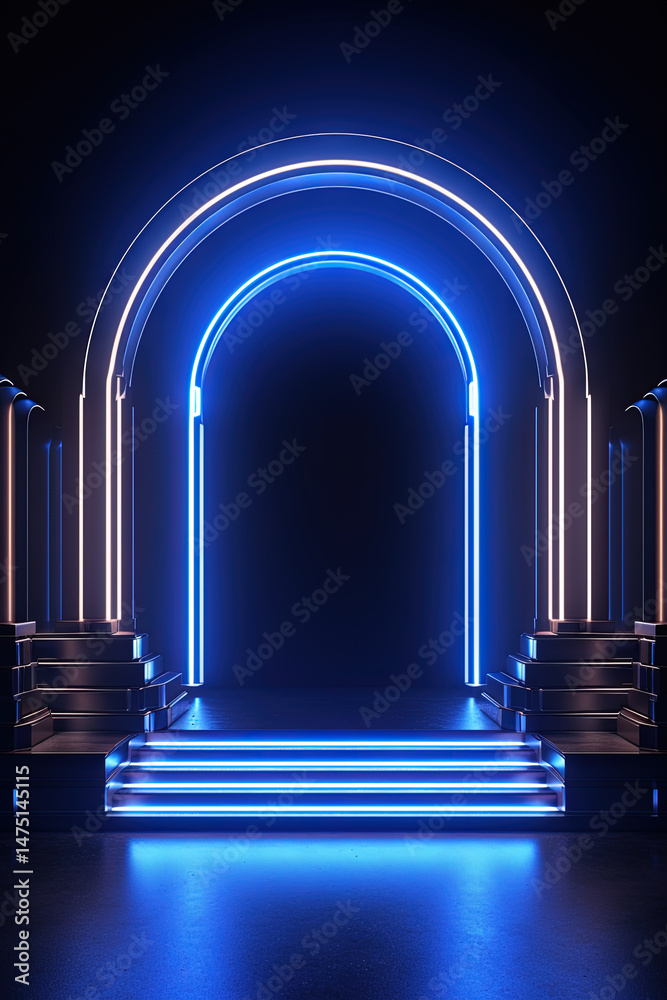 Poster neon arch in dark blue lights room with clouds. abstract background for party stage or product displ