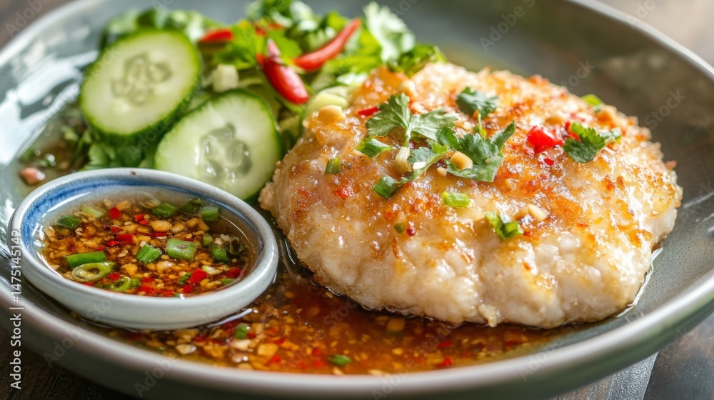 Poster A close-up of Khao Mok Gai served with a side of cucumber salad and chili sauce, emphasizing the freshness and deliciousness of this Thai comfort food.