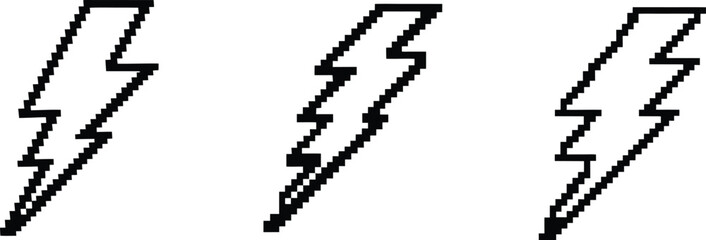 Black Pixel Lightning Bolt Icons. 8-Bit Electric Outline Set for Games and Digital Design