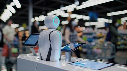 Artificial intelligence robot as personal shop assistant greets customers at grocery store, automated robotics,supermarket Technology Connections.,using automation in product management,AI systems - Powered by Adobe