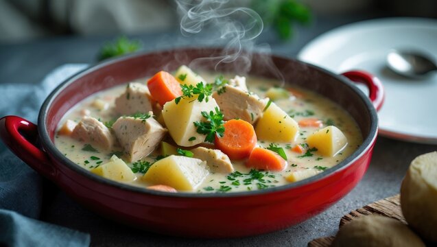 Red pan chicken stew featuring potatoes and carrots in a creamy sauce - a cozy meal