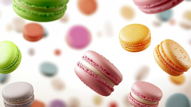 Colorful macarons floating in mid-air against a light background creating a playful and sweet confectionery concept with a sense of motion and fun