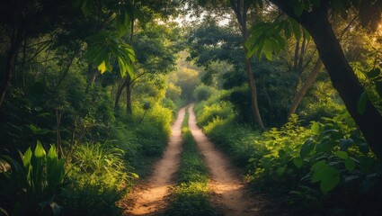 Traveling along a scenic dirt track with nature on both sides