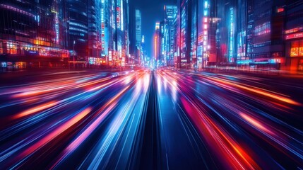 Cyberpunk neon city street with glowing lights and fast moving cars