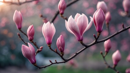 Detailed View of Pink Magnolia Blossoms on Branches Against a Natural Floral Backdrop