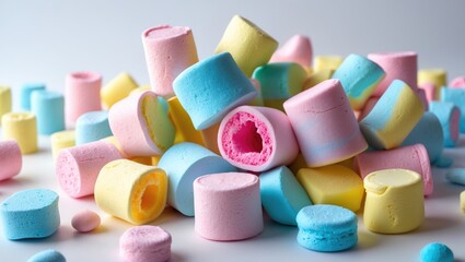 Brightly colored marshmallow confectionery on a light backdrop
