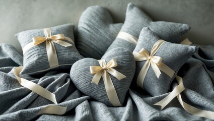 Fototapeta premium Long and thick socks featuring ribbons displayed on an organized backdrop