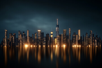 Fototapeta premium A futuristic skyline with glowing towers reflecting in glass surfaces