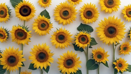 White background with many golden sunflowers