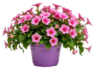 Pink flowers in purple pot with green leaves, fresh and vibrant blooming plant for decoration