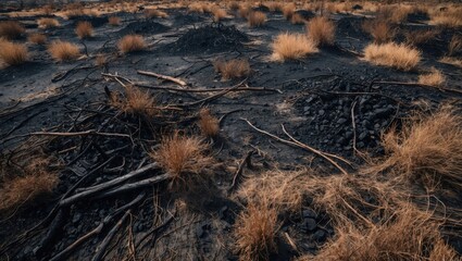 Fototapeta premium Destroyed Field Showing Dry Vegetation and Ash Marks
