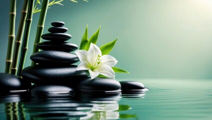 Relaxing spa environment with zen stones and natural foliage