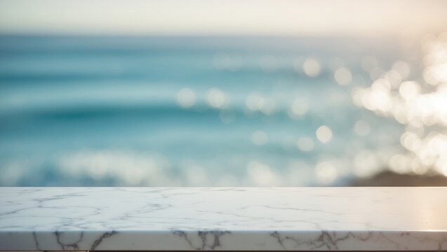 Fototapeta White marble tabletop with a sunny beach and blue sea background, suitable for mockup templates, product display, or social media content