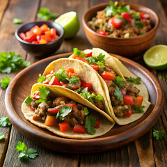 Traditional Mexican tacos on clay plate