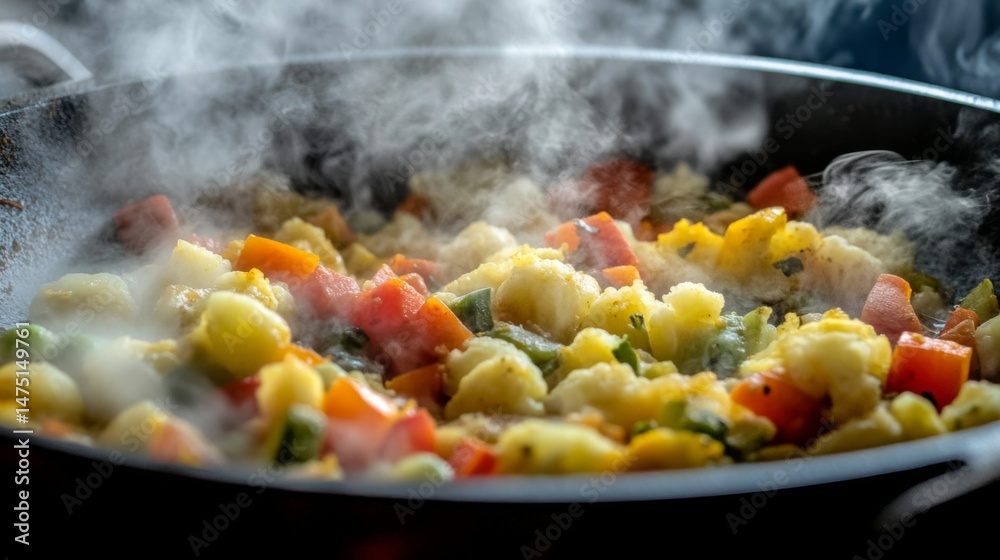 Poster a close-up view of steaming aloo gobi, showcasing the golden-yellow color from turmeric and the chun