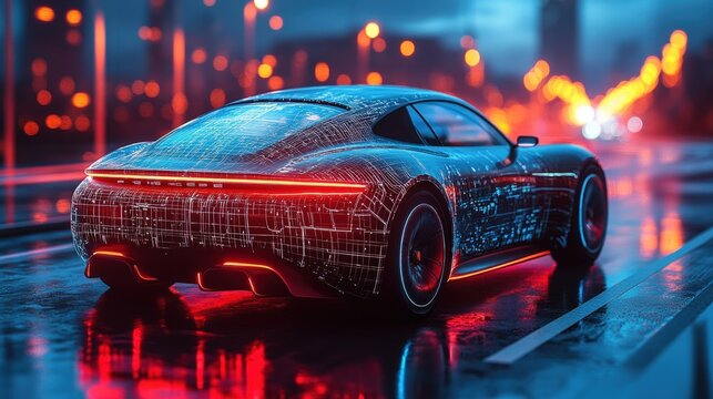 Futuristic electric car on a city street at night, illuminated by neon lights.  Complex circuitry patterns adorn the vehicle's body