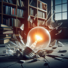 Bright light bulb shatters glass floor in a dim library with shelves full of books
