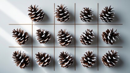 Pine cone composition on a white background. Concept. Top view, flat lay.