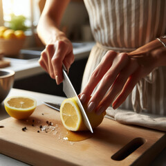 Cutting fresh lemons in a cozy kitchen during a late afternoon cooking session