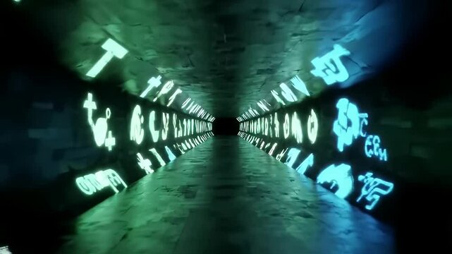 Illuminated Cyan Rune Stone Tunnel Abstract Digital Art with Glowing Neon Lights