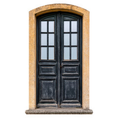 Fototapeta premium Rustic Wooden Double Door with Glass Panels in Charming Architecture Style, isolated on transparent background.