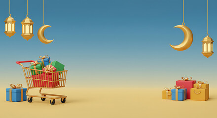 Shopping cart loaded with gifts and bags, 3D illustrative render for holiday sales, e-commerce promotions, and Islamic celebrations