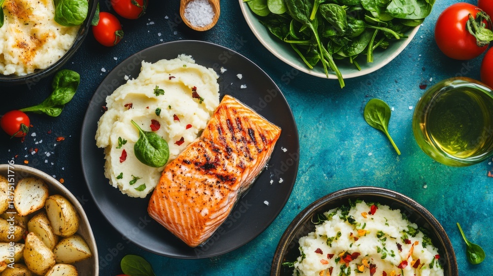Poster A colorful display of grilled salmon served with a side of garlic mashed potatoes and sauted spinach, highlighting a delicious and balanced dinner option.