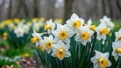 Fototapeta premium Cultivated garden with a bush of white daffodils and a meadow of spring flowers outside