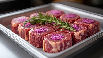 Raw meat cuts with rosemary and garnish on silver tray