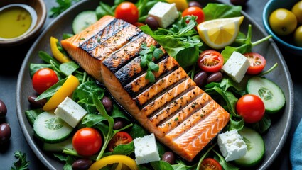 Fresh vegetable salad with grilled salmon and feta cheese. Keto barbecue dish for lunch.