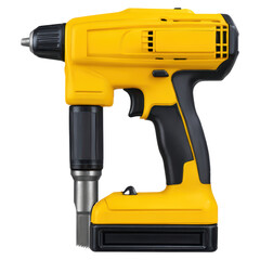 Yellow Cordless Power Drill with Adjustable Torque Settings for DIY Projects, isolated on transparent background.