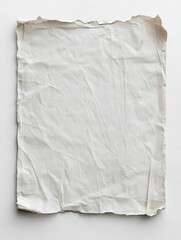Obraz premium Close up of a crumpled paper sheet on a white background, studio shot, full frame, neutral tone, torn edges