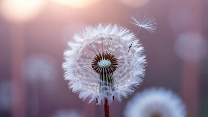 Closeup of a white dandelion seed head with delicate details against a soft, dreamy background