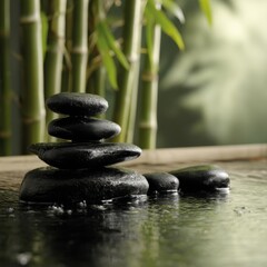 Obraz premium Zen Stones Stacked in Water with Bamboo Background Still Life Serene Balance Spa Wellness