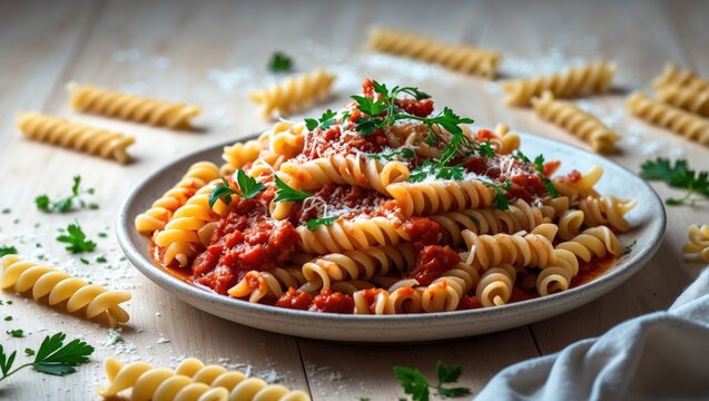 Homemade Italian-style pasta with red tomato sauce and Parmesan cheese