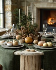 Rustic holiday dining table setting by fireplace