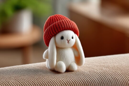 Cute white bunny plush wearing a red knit hat sitting on a sofa in a cozy home environment