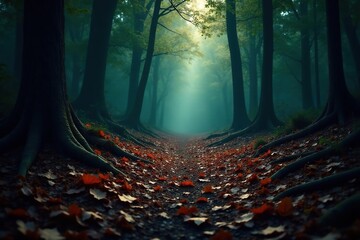 Dark, ominous forest floor, fallen leaves, decaying wood, shadows Perfect for Halloween, fantasy, mystery themes , leaf litter, ground, red